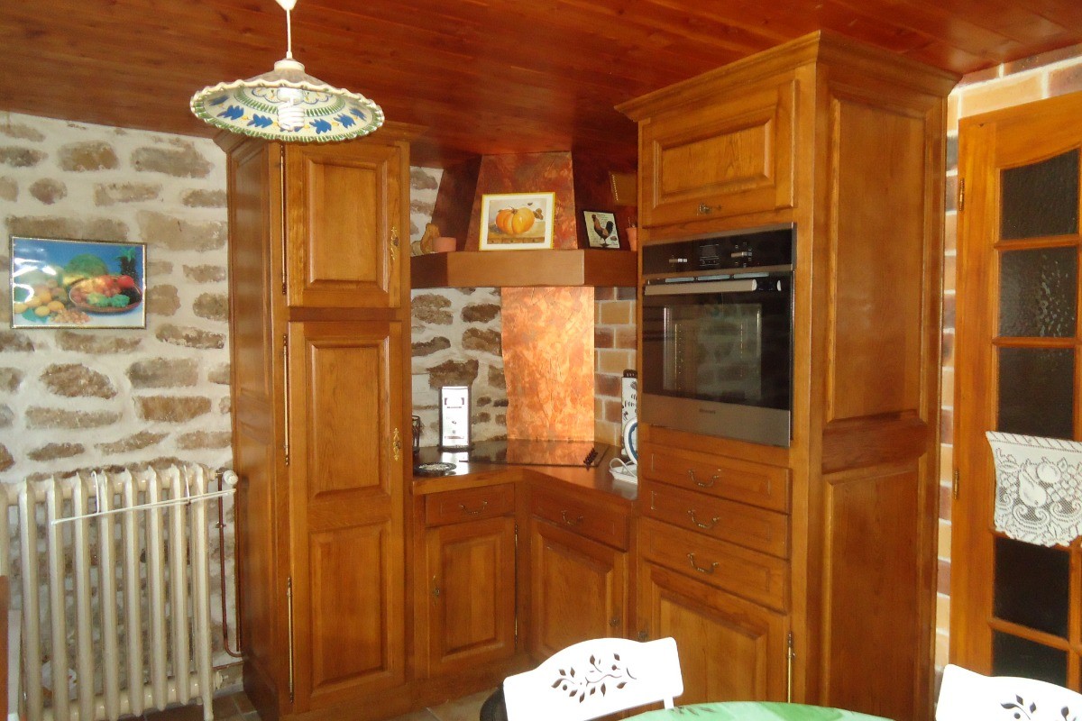 Le coin cuisson dans la cuisine avec la plaque vitrocéramique, le four électrique, la cafetière, la bouilloire, les rangements, etc....