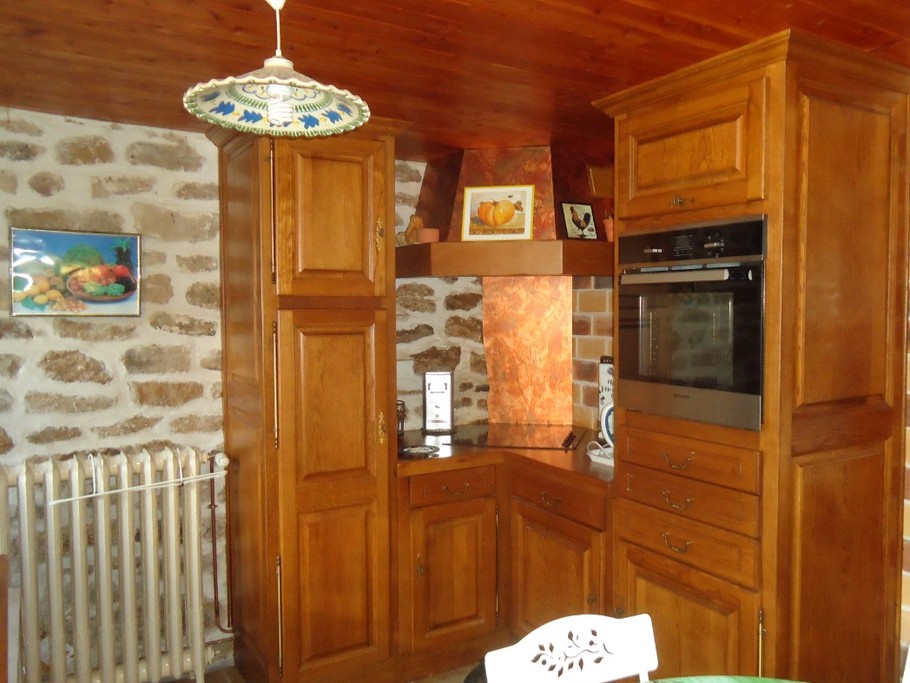 Le coin cuisson dans la cuisine avec la plaque vitrocéramique, le four électrique, la cafetière, la bouilloire, les rangements, etc....