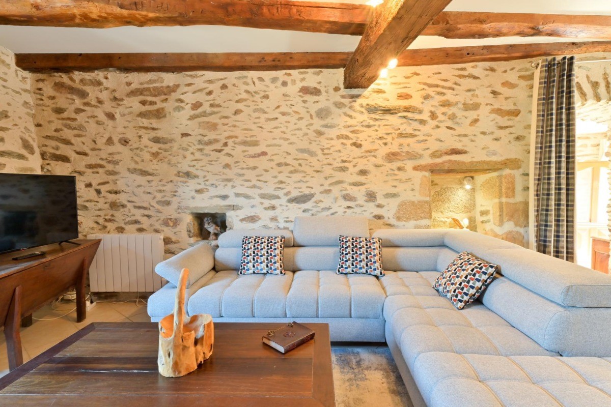 Grand canapé confortable et TV écran plat dans le salon spacieux du gîte de Leynhac, ambiance cosy et détente