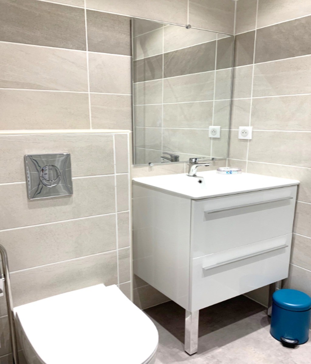 Salle d'eau avec douche grande dimension et WC.