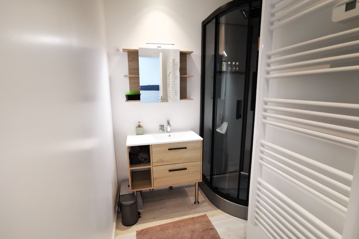 Salle d'eau avec douche grande dimension, produits de toilettes et sèche-cheveux.