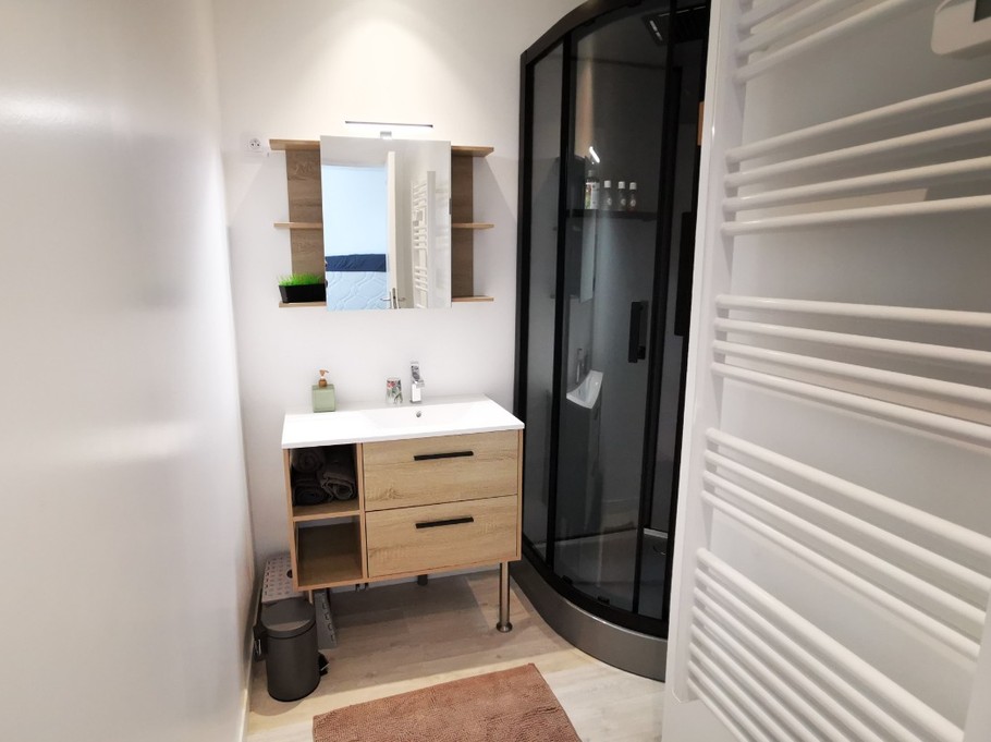 Salle d'eau avec douche grande dimension, produits de toilettes et sèche-cheveux.