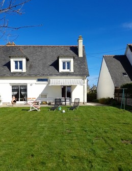 Back of the house, with large enclosed garden, garden furniture, deckchairs and brazier