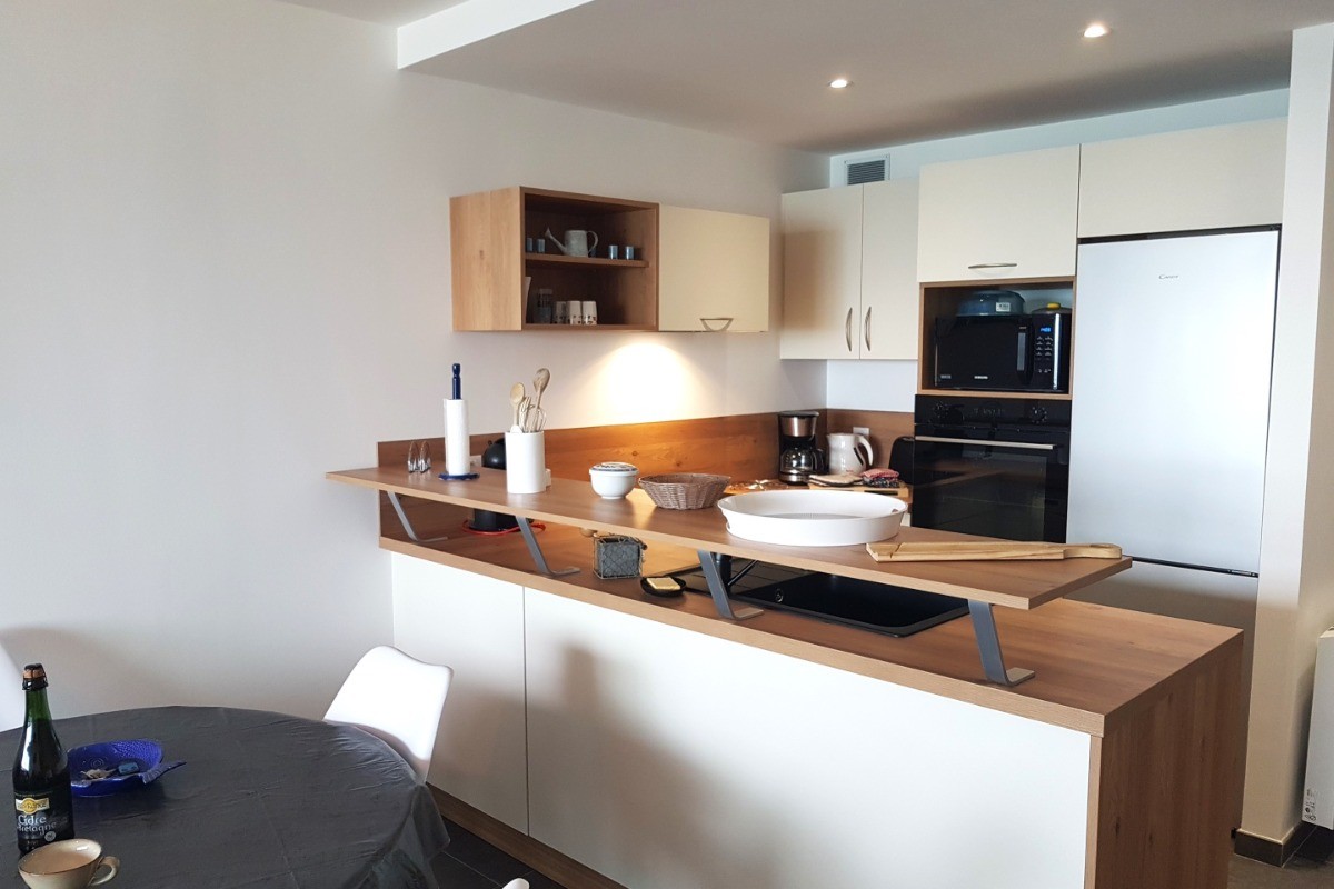 La pièce de vie avec coin cuisine aménagée et toute équipée, coin séjour, coin salon, et véranda.
Appartement entièrement refait à neuf en 2024.